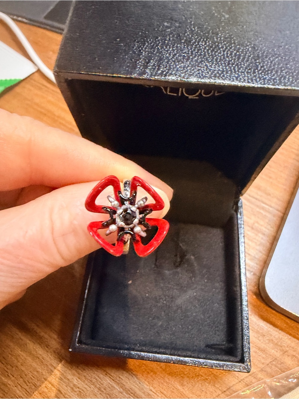 NWT Lalique Platinum Ring Red Enamel Floral with Black Center Size 6